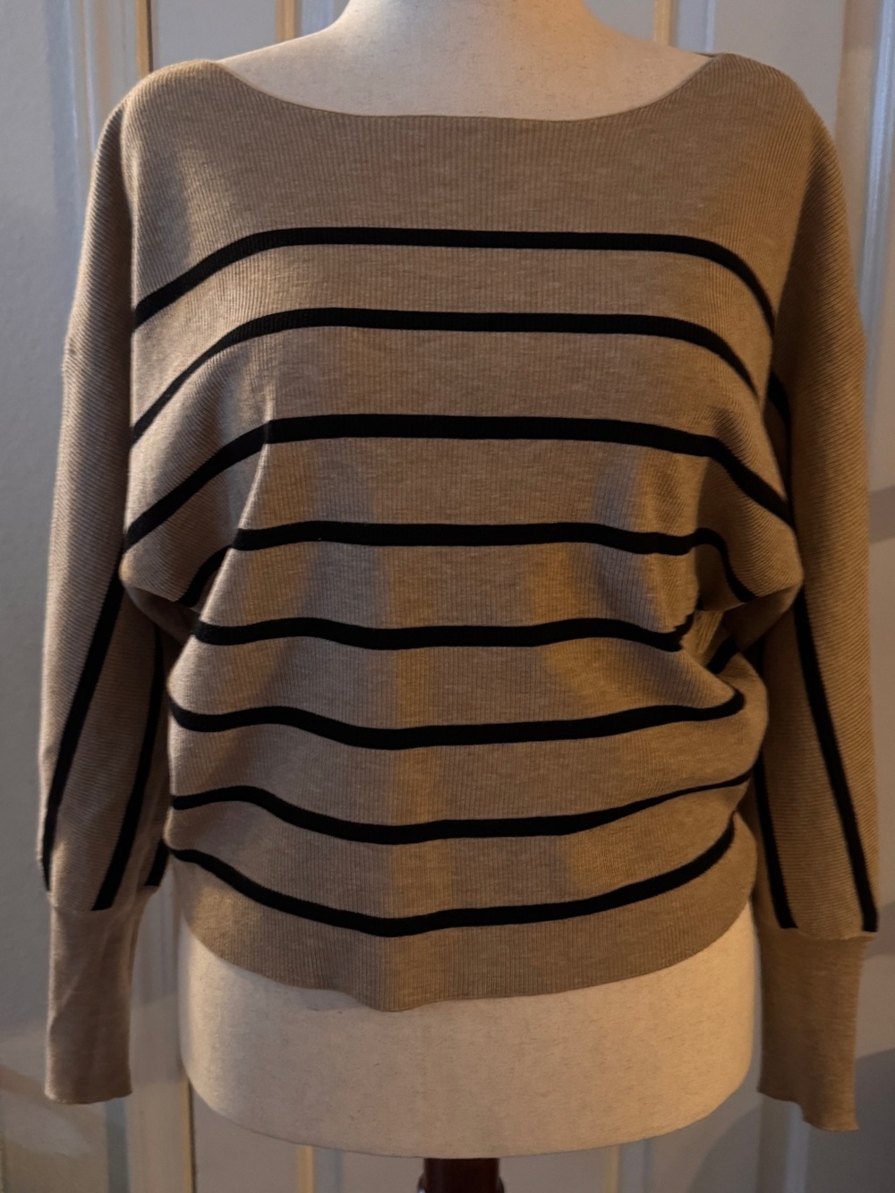 Tahari Taupe and Black Off-the-Shoulder Striped Sweater